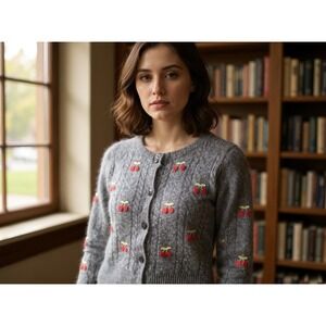 Hazel Moon Cherry Embroidered Gray Cable Knit Cardigan Large cottagecore twee